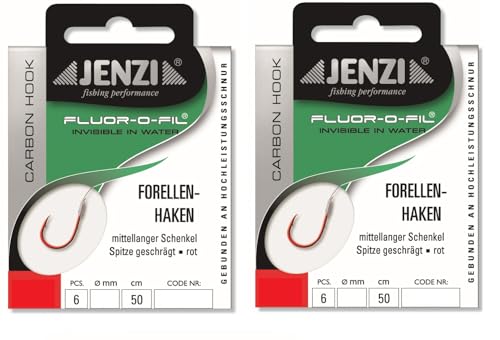 Set: 2 Packungen JENZI gebundene Forellenhaken (12 Stück) an Fluoro-Carbon Schnur, 50cm Hakengröße 4, 6, 8, 10 & 12 je nach Auswahl + gratis Petri Heill! Aufkleber (Hakengröße # 12)