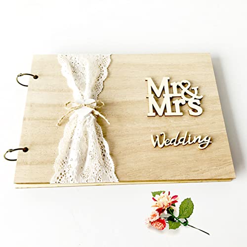 TAKUZA Gästebuch Hochzeit Holz, Gästebuch für Hochzeiten, Hochzeitsbuch Gästebuch, Binder-Design, “MR&MRS” im Zubehör, Holzherz und Spitzendekoration, kann in DIY-Kombination eingebaut Werden