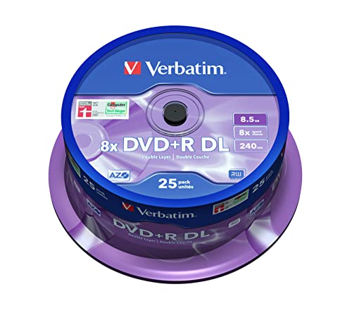 Verbatim DVD+R Double Layer Matt Silver 8.5GB, 25er Pack Spindel, DVD Rohlinge beschreibbar, 8-fache Brenngeschwindigkeit & Hardcoat Scratch Guard, Rohlinge DVD-R, DVD leer