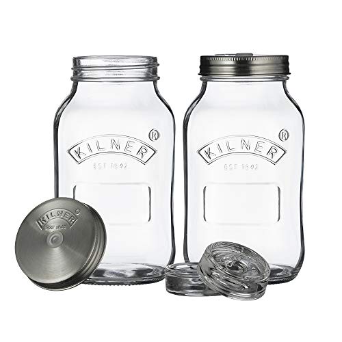 KILNER Fermentier Set, 2x 1 Liter Glas mit Gärungsdeckel, einfaches Haltbarmachen von Gemüse, Fermentieren Starter Set, Konservieren von Gemüse, wie Sauerkraut und Kimchi, Einmachglas 1l