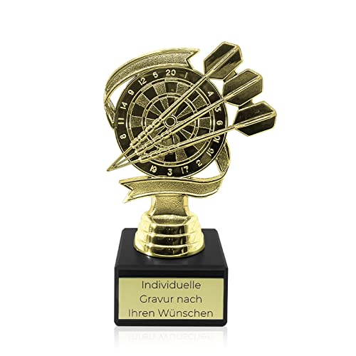 Dart Pokal mit Gravur Wunschtext | Dartspokal | Dart Scheibe als Pokal in Gold | Trophäe für Dartturniere | Wanderpokal für Darts | Pokal Gold mit Gravur 14cm | Dartpfeile und Scheibe Design Trophy