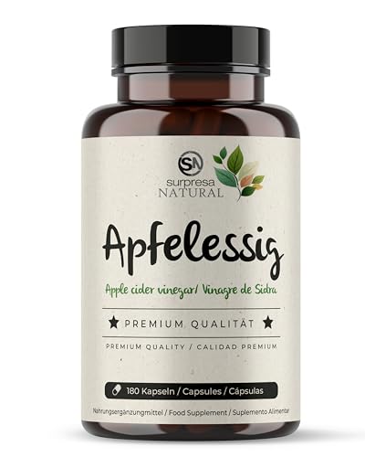 Surpresa Natural Apfelessig Kapseln hochdosiert I 1 x 180 Kapseln I 1000mg Apfelessig pro Tagesdosis I Apfelessig Nahrungsergänzungsmittel vegan & laborgeprüft I Apple cider vinegar