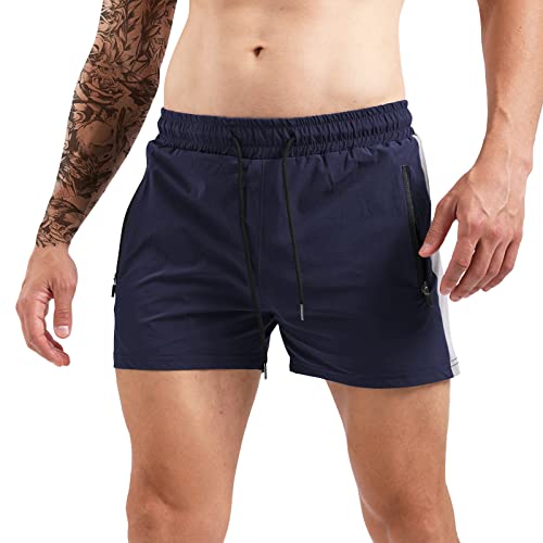 QWUVEDS Farblich passende, mit Reißverschluss gefütterte, rutschfeste Sport-Shorts für Herren im Sommer Herren Shorts L (Blue, L)