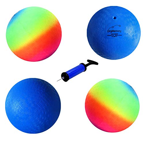 OrgMemory Playground Ball, Kickball, 22cm, 4 Pack, 2 Rainbow und 2 Blau Ball, Gummiball für Kinder, Dodge Ball mit Pumpe