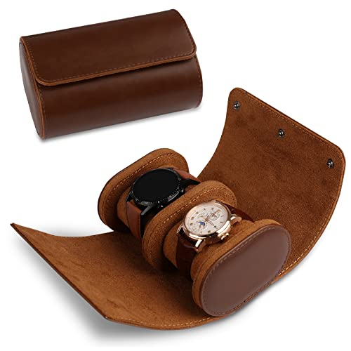 RoYiio 2 Slots Zylindrische Uhrenbox, Uhrenrolle Reisetasche Vintage Uhrengehäuse für Männer Frauen - Braun Upgrade-Version