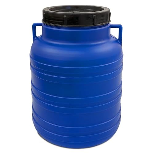 plasteo® 10 Liter Weithalsfass mit Deckel Futtertonne Kunststofffass Universalfass Deckelfass Lebensmittelecht Wasserfass Sauerkrautfass Lagerfass | Stabile Griffe | Blau