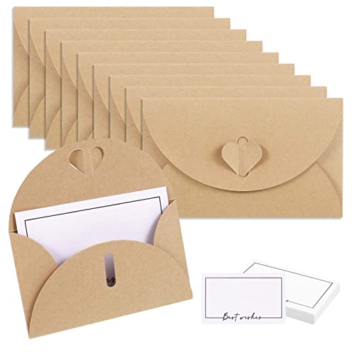 metagio Mini Briefumschläge, 30 Kraftpapier Umschläge mit 30 Blanko Papier Karten, Briefumschläge Hochzeit, Briefumschlag mit Herz Verschluss für Hochzeite Grußkarten Geburtstagskarten Party Einladung