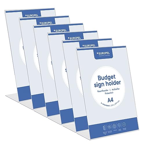 Europel Budget Tischaufsteller, 6 Stück, L-Ständer, DIN A4 Hoch, Glasklar Polystyrol 1,5 mm, Speisekarten- & Prospektständer für Restaurants, Hotels, Konferenz & Rezeption