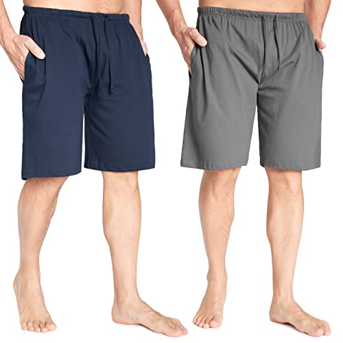 CityComfort Pyjama Shorts Herren, Kurze Schlafanzughose Herren mit Seitentaschen & Elastischem Bund 2er-Pack (Marine/Holzkohle, L)