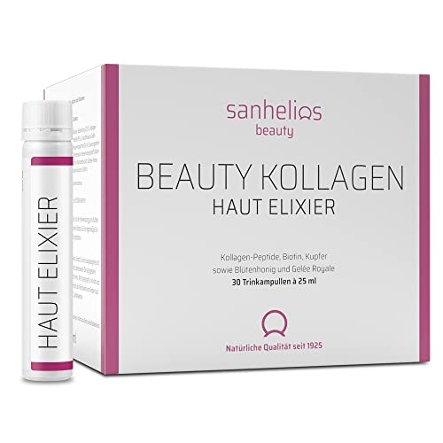 Sanhelios Beauty Kollagen HAUT-ELIXIER – Anti Aging zum Trinken* - der Testsieger - 30 Trinkampullen - 2500 mg Premium-Kollagen-Peptide + Biotin, Kupfer & Vitamin C, Blütenhonig & Gelée Royale