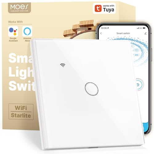 MOES Smart Alexa Wlan Lichtschalter ohne Neutralleiter, Wifi Touch Schalter Unterputz mit Speicher nach dem Ausschalten, Smart Life/Tuya app, Kompatibel mit Alexa und Google Home,1 Fach 1 Wege