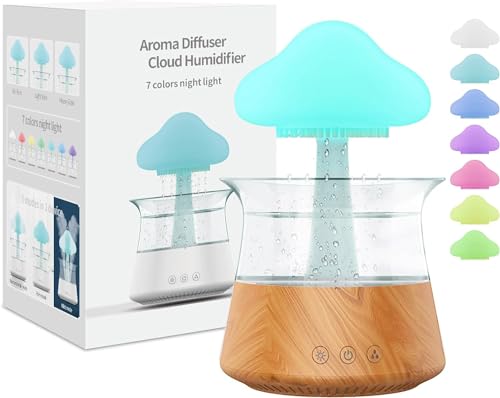 Luftbefeuchter,Humidifier,Regen Pilz Lampe mit Duft&7 Farben LED Regenlampe,Regenpilz Lampe mit Wassertropfen&Regengeräusche,Water Drop Air Humidifier für Schlafzimmer,Zuhause,Kinderzimmer(Braun)