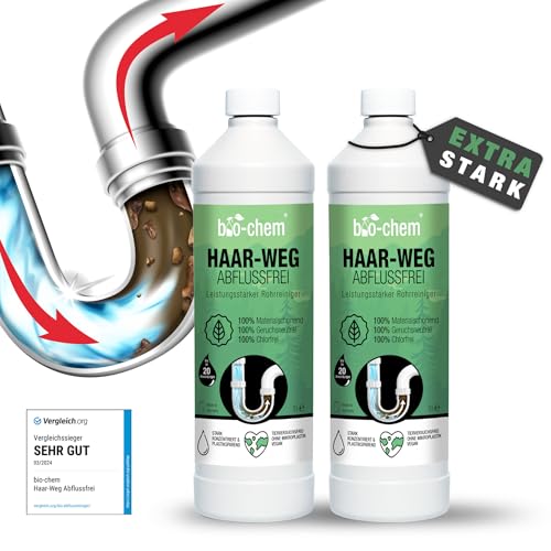 bio-chem Haar-Weg Abflussfrei – Abflussreiniger EXTRA STARK – 2x1000 ML - Bis zu 20 Anwendungen je Flasche Rohrreiniger – Extrem effektiv & materialschonend gegen Verstopfungen & Haare - Made in DE