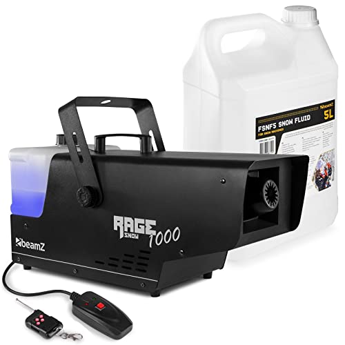 BeamZ RAGE1000SNOW Schneemaschine mit 5 Liter Flüssigkeit, Sehr Kräftig,1000 Watt Schnee Maschine mit Fernbedienung, Snow Machine mit Schneefluid, mini Schneekanone Garten, Winter Simulation