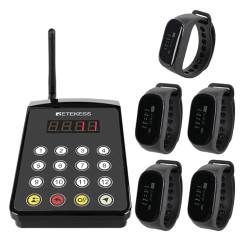 Retekess TD154 Pager System Restaurant, Kellner Rufsystem, Restaurant Pager um Die Mahlzeit zu Liefern, IPX7 Wasserdicht, Pack of 5 Pager-Uhren und 1 Tastatur, für Restaurant, Hotel, Bar