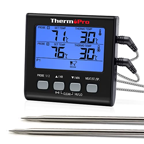 ThermoPro TP17B Digitales Grillthermometer Bratenthermometer Fleischthermometer Ofenthermometer mit Timer, Zwei Edelstahlsonden, Blaue Hinterbeleuchtung, Temperaturbereich bis 300°C, Schwarz