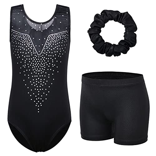 ZNYUNE Kinder Gymnastik Trikot Klassisch Gymnastikanzug 3er Set Anzug für Mädchen B198 SequinBlack 10A