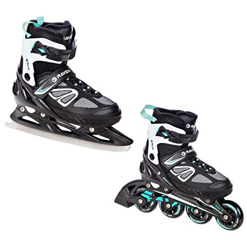 Inlineskates Inliner Raven Advance verstellbar optional als 2in1 Inlineskates/Schlittschuhe (Black/Mint mit Kufen, 38-42(25-27,5cm))