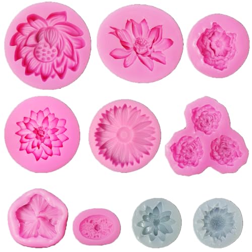 10 Stück Blumen-Silikonformen, Sonnenblumen-Rosen-Seifenform, Backform, Fondantform, Harzform für die Herstellung von Polymer-Ton, Schokoladenherstellung, Süßigkeitenherstellung, Kuchendekoration