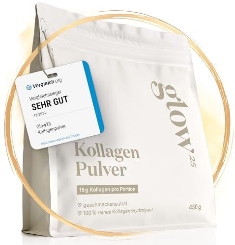 Glow25® Collagen Pulver [450g] - Das Original - Premium Kollagen Hydrolysat - Peptide Typ 1 und 3 - Perfekte Löslichkeit - Natur