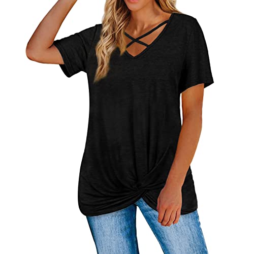 Damen Kurzarm Bluse T-Shirt Oberteile Damen Sommer Rundhals Top Shirt Einfarbig Kurze Ärmel Lose T-Shirt Lässige Mode Top Bluse Sommer Oberteile Damen Kurzarm (Black, L)