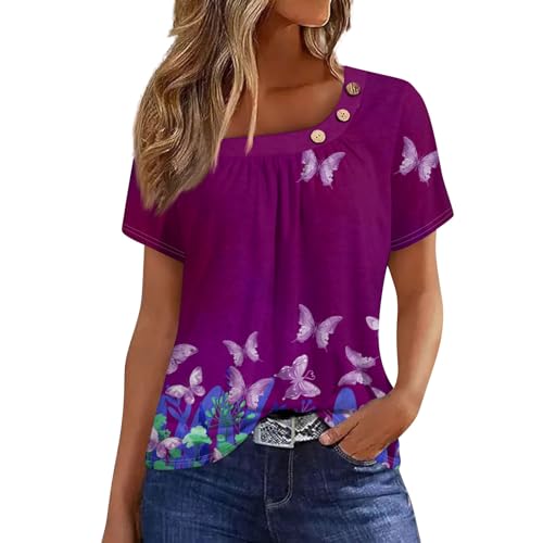 Meine Bestellung Anzeigen Damen Tshirt Chiffon Bluse Damen Damen Oberteile Sexy Sommer Bluse Kurzarm Blumen Bedruckt Oversize Shirt Basic Tshirt Damen (Dark Purple, S)