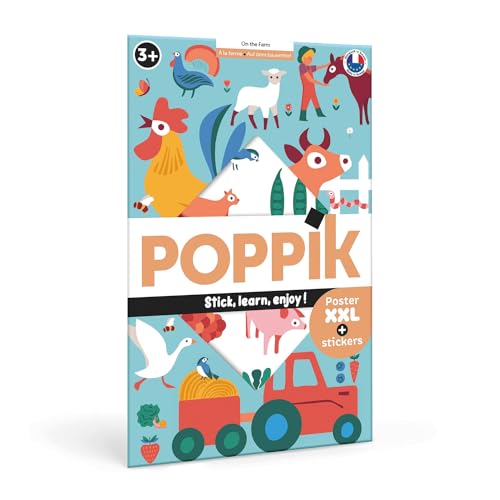 POPPIK 1841150 Sticker-Poster, Bauernhof, interaktives Lernposter mit Aufklebern, mehrsprachiges Tierposter, für Kinder ab 3 Jahren, 68 x 100 cm