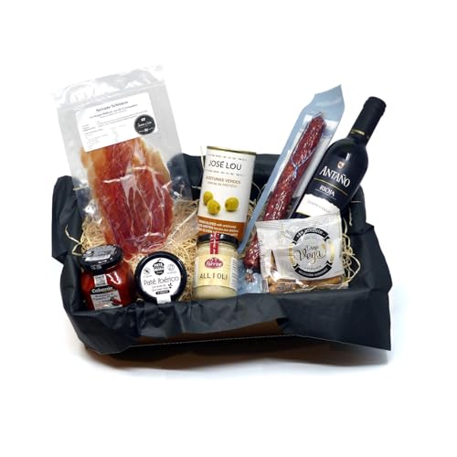 Geschenkbox mit Spanischen Feinkost Delikatessen - Tapas Abend für zwei - Geschenkset Präsentkorb Geschenkkorb Spanien mit Rot-Wein