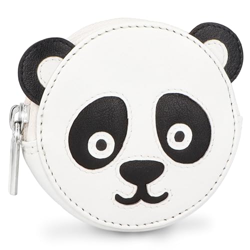 Lederow Pandabär Geldbörse Damen klein Leder mit Schlüsselring inkl. Geschenkbox - Mini Portmonee Münzbörse Frauen Kinder für Schlüssel und Münzen - Echtleder Kindergeldbörse Panda Weiß