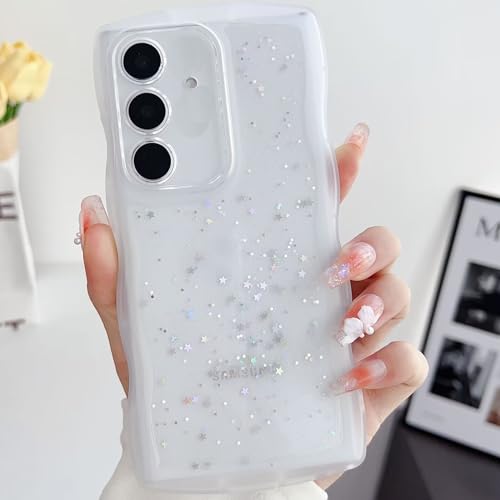 Nadoli Glitzer Hülle für Samsung Galaxy A22 4G,Niedliche Lockige Wellen Rahmenform Aesthetic Durchsichtig Bling Stern Handyhülle Schlanke Weiche TPU Stoßfest Schutzhülle