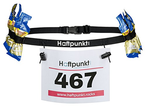 Haftpunkt Startnummernband (incl. 6 Gel Halter) zur Startnummer Befestigung - der Startnummerngürtel zum Einsatz bei Triathlon oder Marathon (schwarz)