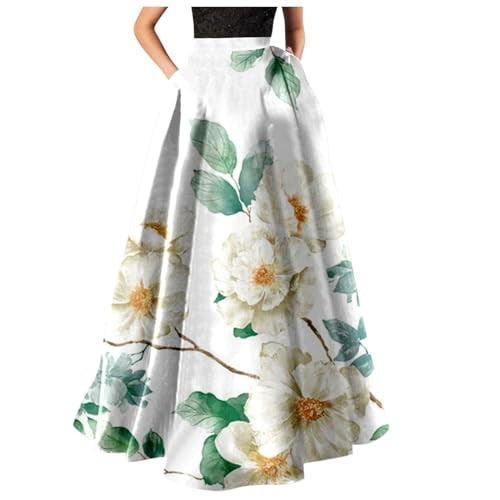 Frauen Kleidung Sommer Xxl Damen Bohemian Floral Print Maxi Skirt High Waist Pocket Party Beach Long Skirt Damen Blumendruckrock Taschenrock Damen Sommer Sexy Kleid Party Club Kleider (White, XL)