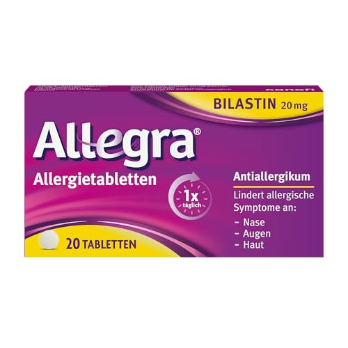 Allegra Allergietabletten 20 Stk – Antihistaminikum - Wirkstoff Bilastin - schnell und 24 Std wirksam bei Heuschnupfen, Tierhaar-, Hausstaumilben-, Schimmelpilzallergie, Urtikaria