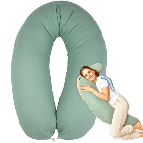 sei Design XXL Stillkissen 190x30 mit Musselin-Bezug ergonomisch, Schwangerschaftskissen Seitenschläferkissen Komfortkissen für Erwachsene, Stillkissenbezug aus 100% BIO-Baumwolle