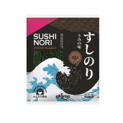 Allgroo Nori Gold Seetang, ganze Blätter, geröstete Seealgen, ideal für Sushi, vegan und glutenfrei, 1 x 25 g mit 10 Blättern