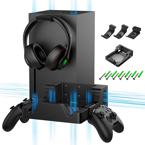 ZAONOOL Wandhalterung für Xbox Series X mit 2 Controller Halterungen und Headset Ständer, Wandhalterungsset für XSX Zubehör, Wandregal mit Dual Belüftungsdesign, Konsole nach vorne zeigend platzieren