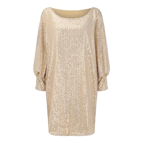 Gumiao Goldene Pailletten-Urlaubskleider für Damen, langärmelig, Rundhalsausschnitt, Paillettenkleid, lockere Party, kurzes Paillettenkleid, Gold, Klein