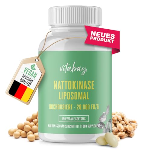 Vitabay Nattokinase Kapseln hochdosiert 20.000 FU - LIPOSOMAL & VEGAN - 180 Nattokinase Kapseln - Enzym Natto fermentierte Sojabohnen - Nattokinase hochdosiert Tabletten Natokinase L