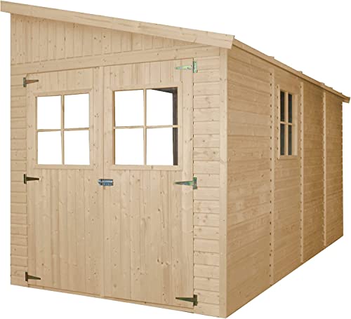 Holz Gartenschuppen (ohne Seitenwand) - Abstellkammer mit Fenstern - H244x211x416 cm/8 m2 Naturholz-Shiplap-Schuppen - Gartenwerkstatt - Fahrrad- Geräteschuppen TIMBELA M340