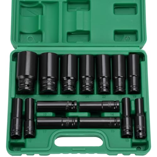 Sexyhot 15pcs Kraft Schlagschrauber Satz, 8-32mm Spezial Steckschlüsselsatz, 1/2" Schlagschrauber Nüsse Set fur Autoreparatur/Reifenwechsel/Reparatur Von Haushaltsgeräten(27 * 22 * 6cm)