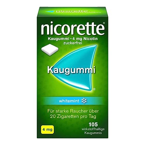 NICORETTE Kaugummi 4mg whitemint – Nikotinkaugummi zur Raucherentwöhnung – Zahnweißeffekt – Minzgeschmack – 4mg Nikotin – 105 St.