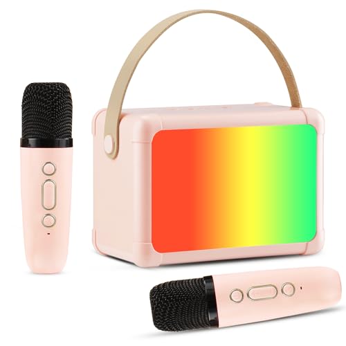 Giecy Karaoke Maschine mit 2 mikrofonen, Mini Bluetooth Karaoke Anlage mit mikrofon kinder, PA-System als Geschenk für Mädchen, Jungen, Familie und Zuhause(Rosa)