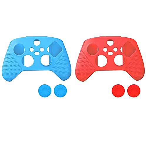 Xptieeck 2 Set für Series X/S Gamepad Silikon-Schutzhülle mit Partikel-Gummihülle mit Wippkappe, Blau und Rot