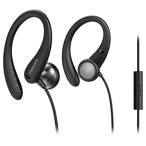 Philips Sportkopfhörer A1105BK/00 mit Mikrofon, Flexible Ohrbügel, Bass-Beat-Öffnung, IPX2 schweißresistent, Sicherer Sitz, Inline-Fernbedienung 2020/2021 Modell, Schwarz, Einheitsgröße