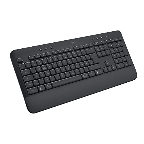 Logitech Signature K650 Comfort kabellose Tastatur mit Handballenauflage, BLE Bluetooth/Logi Bolt USB-Empfänger, Soft-Touch-Tastatur, Numpad, PC/Windows/Mac, Deutsches QWERTZ - Grau