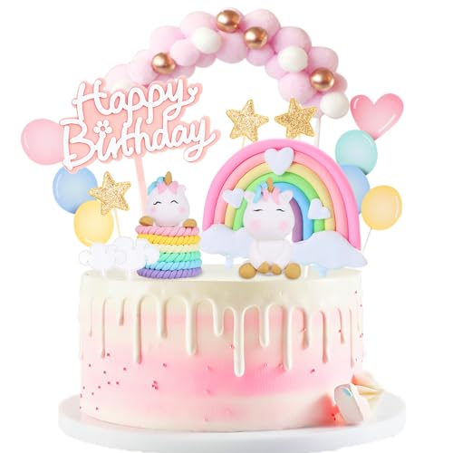 AOTWAN Einhorn Tortendeko Geburtstag, Tortendeko Einhorn Mädchen 2023 Neu, Einhorn Kuchen Topper Set, Macaron Kuchen Deko für Kinder Mädchen