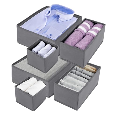 Domkan Ordnungssystem Kleiderschrank, 6er Schubladen Organizer,Unterwäsche Organizer Schublade,Grau Faltbare Aufbewahrungsbox Stoff, Storage Boxes, Schrank Schubladentrenner für Socken, Krawatten