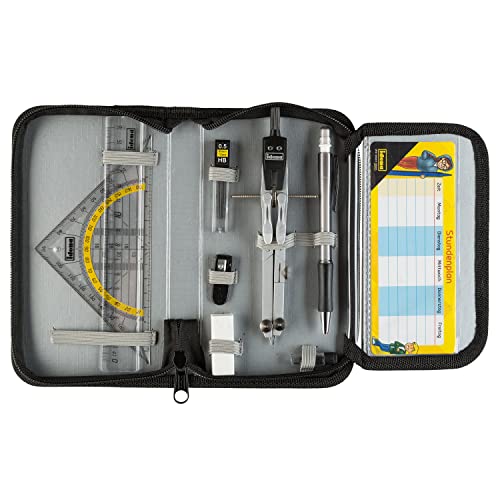Idena 20066 - Zirkel im Etui, 11-teilig, mit Geodreieck, Lineal, Ersatzminen für den Zirkel, Druckbleistift & Ersatzminen, Stundenplan, Radiergummi & Spitzer