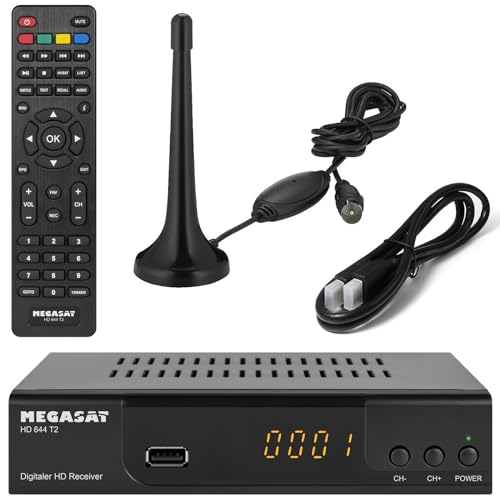 netshop 25 Set: Megasat T644 DVB-T2 Receiver + aktive Zimmerantenne + HDMI Kabel, HDTV für frei Empfangbare DVB-T2 Sender, schwarz