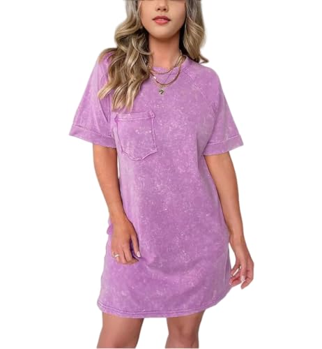 ROMPOTY Mini-T-Shirt-Kleid mit kurzen Ärmeln, Taschen, einfarbig, lässig, Sommer, Rundhalsausschnitt, kurze Ärmel, Waschkleid, violett, XXXXL